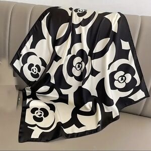 Luxurious Elegant Black & White Camellia Flower Scarf, Head Wrap